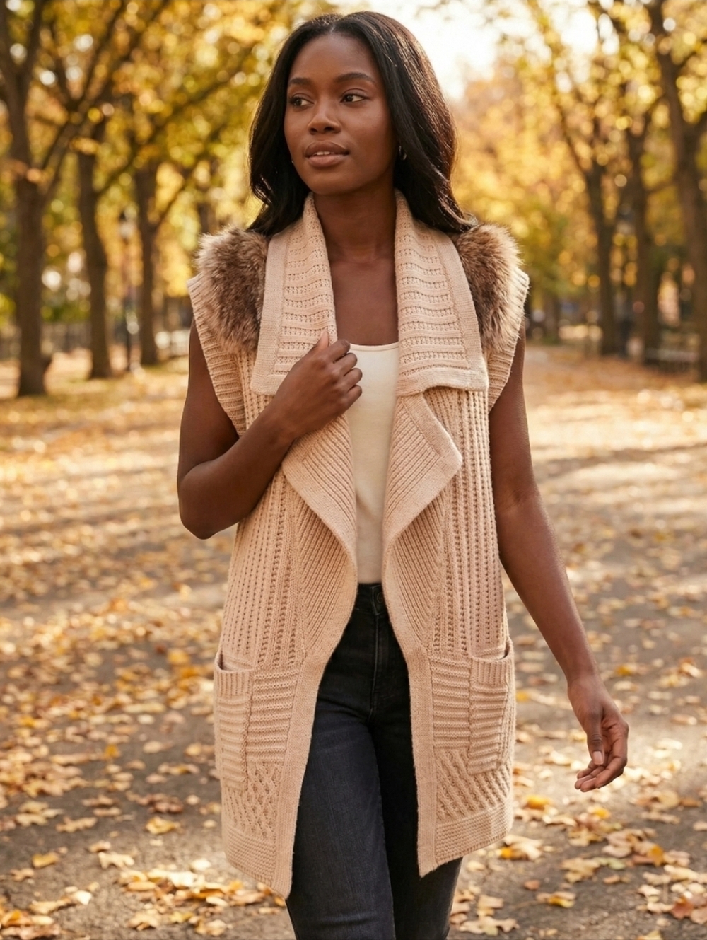 ANN TAYLOR CHUNKY TAN FUR SHOULDER SWEATER VEST SZ M